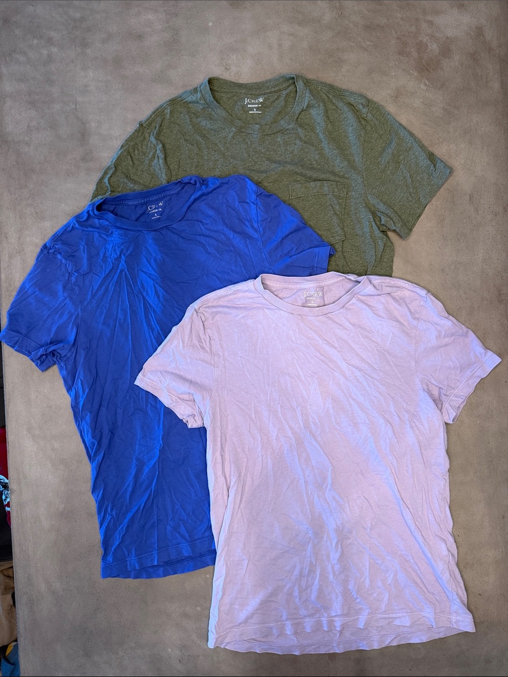 J. Crew Short Sleeve Crew Neck 3 Tees - Olive Green, Royal Blue, Light Lavender